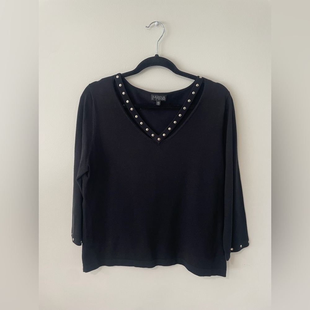 Silk Blend Black Studded Top Womens Large Minimalist Chic Quiet Luxury Stretch